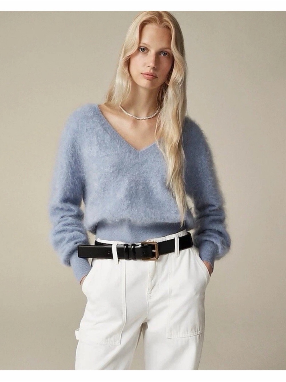 J. Crew Brushed Cashmere Cropped V-neck Sweater Light Blue Size XS Classic NEW